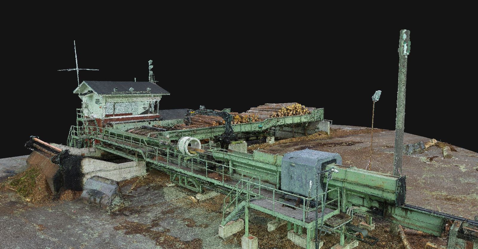 Dense 3D point cloud of industrial conveyor equipment and a control house.